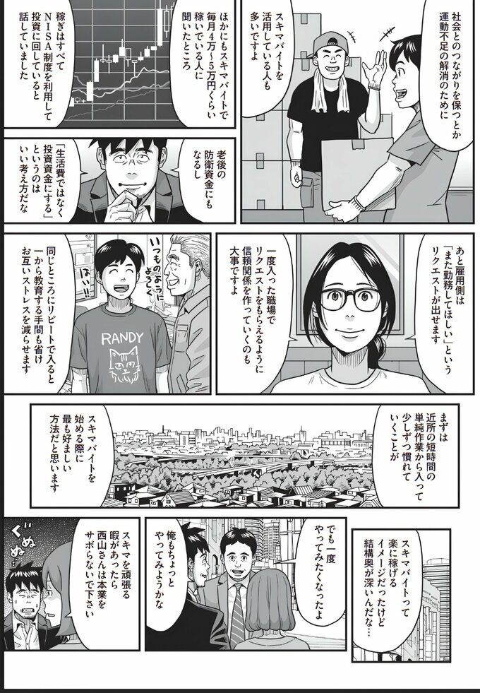 シニア世代のスキマバイト利用を紹介する漫画。社会とのつながりや運動不足の解消を目的に働く人のほか、月4万～5万円ほどを稼ぎ、老後資金や投資に回す人を取り上げる。同じ職場で繰り返し働くことで雇用側との信頼関係を築ける利点や、短時間の単純作業から始める方法も紹介している。