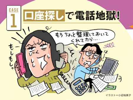 故人の口座情報がわからず、遺族が複数の金融機関に電話で問い合わせるイラスト。