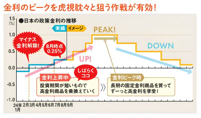 金利上昇中は短期の高金利商品を乗り継ぎ、金利のピークで長期の固定金利商品へ切り替える運用イメージ 