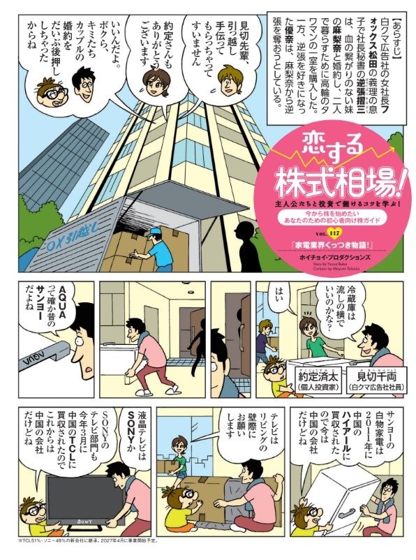 逆張摺三と麻梨奈はタワマンに引っ越し中。そこに手伝いに来た友人、見切先輩や約定さんは運んでいる家電の企業の歴史に夢中だ。
