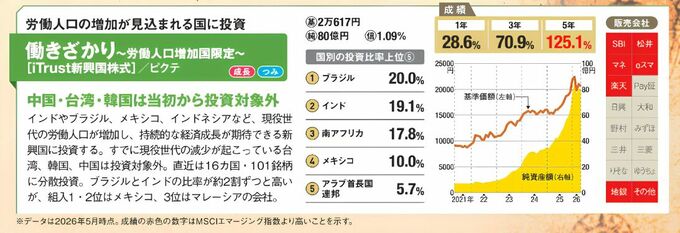 労働人口の増加が見込まれる国に投資する「iTrust新興国株式」の概要。中国・台湾・韓国を除外し、ブラジルやインドなど16カ国に分散投資する。