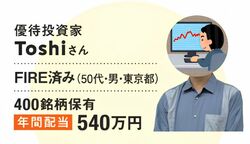 優待投資家Toshiさんの写真。顔はイラストで隠してある。東京在住の50代。FIRE済みで、400銘柄を保有している。年間配当は540万円と説明がある。