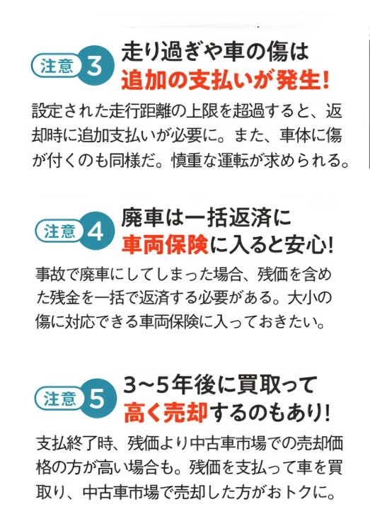 残価設定ローンの注意点を解説した図。走行距離の超過や車の傷で追加費用が発生すること、事故などで廃車になった場合は残債の一括返済が必要になること、契約終了時に残価より中古車市場価格が高ければ買い取って売却する選択肢があることを説明している。