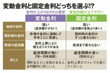 変動金利・固定金利比較の図。当初の金利、契約後の金利、将来の返済額、向く人の観点で比較。