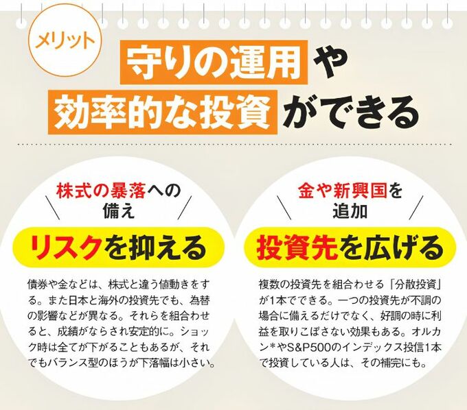 バランス型のメリット、守りの運用や効率的な投資ができることについての記述。具体的にはリスクを抑える、投資先を広げる。