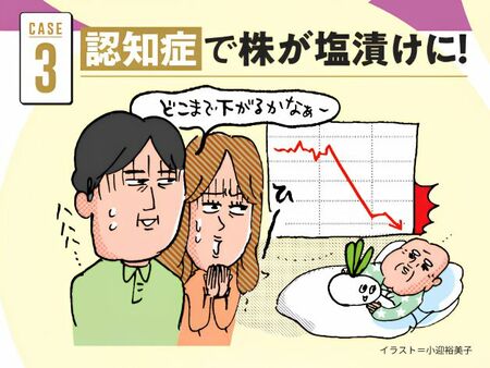 認知症で判断能力が低下し、保有株を売却できず塩漬けになることを示すイラスト