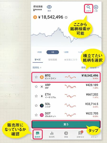 bitbankの販売所画面。下部メニューで販売所が選択されていることを確認し、検索または銘柄一覧からビットコインを選択し、画面下部の「買う」をタップする手順。