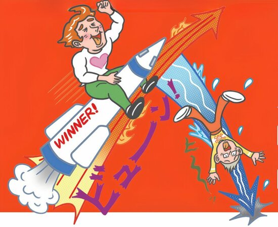 赤い背景と人物のイラスト。上向きに急上昇する「WINNER!」と書かれたロケットに乗る人物と、下向きに急落する矢印とともに落ちる人物を描き、投資の上昇・下落を表現している。