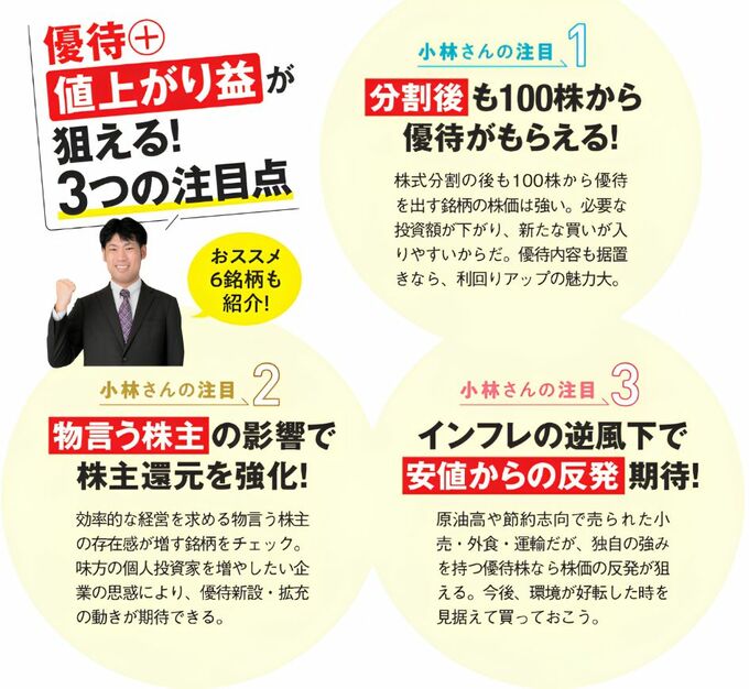 優待＋値上がり益を狙う3つの注目点を紹介する図。株式分割後も100株から優待がもらえる銘柄、物言う株主の影響で株主還元を強化する銘柄、インフレ下で安値から反発が期待できる銘柄を挙げている。