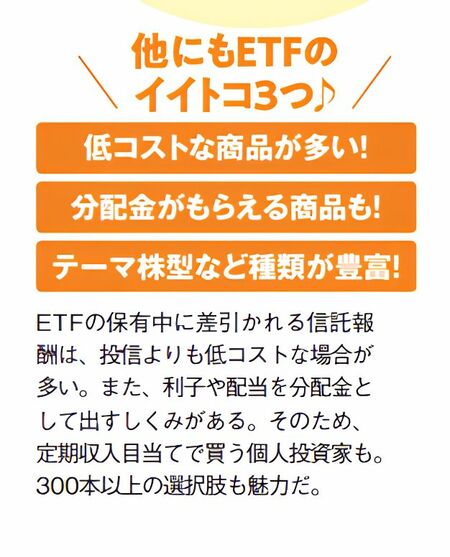 ETFのさらなるメリットとして、低コストな商品が多いこと、分配金がもらえる商品があること、テーマ株型など種類が豊富なことを紹介した図 
