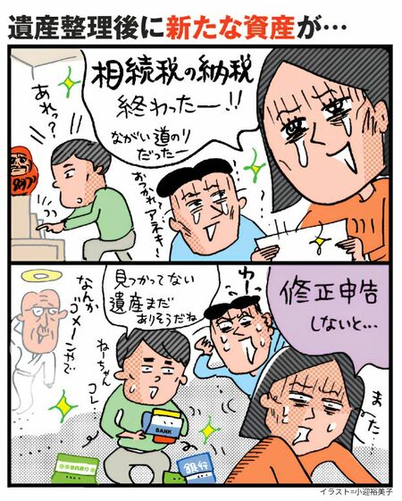 相続税の申告後に新たな銀行口座が見つかり、修正申告に慌てる家族の漫画。