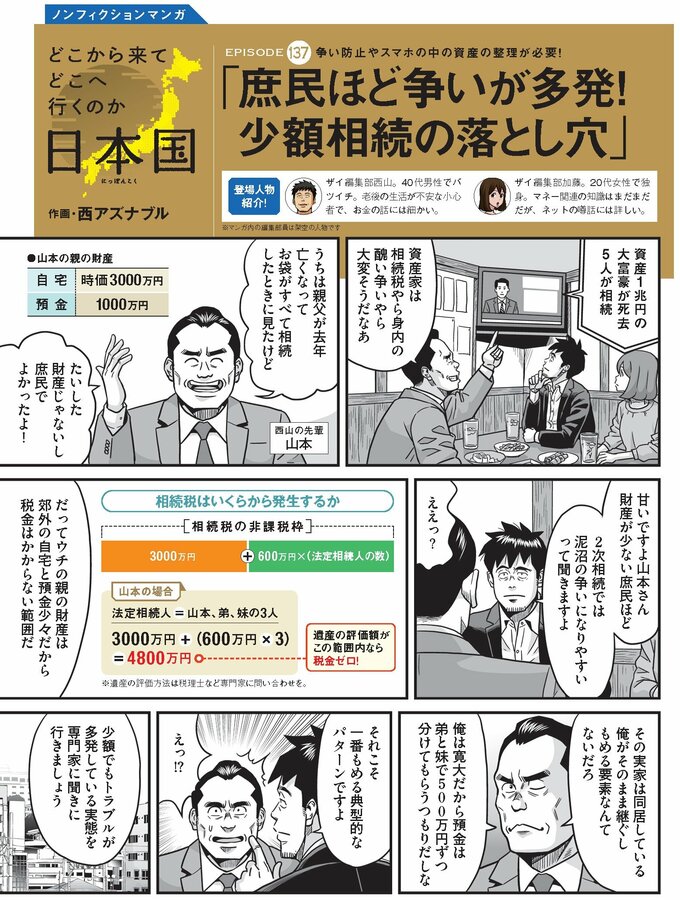 西山の先輩・山本は「資産家は相続税やら争いが大変そうだ」とニュースを見て、のんきに笑う。「庶民だから、うちは大丈夫だ」と豪語する山本に対して「財産が少ない庶民ほど2次相続で揉めやすいですよ」と西山は忠告する。