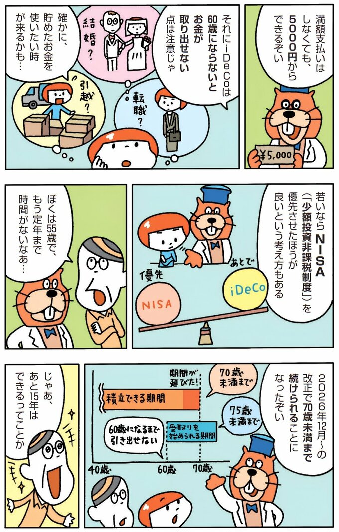 iDeCoの基本的なルールを説明する漫画。 掛金は月5,000円からで、原則60歳まで引き出せないことや、NISAとの違いを紹介している。