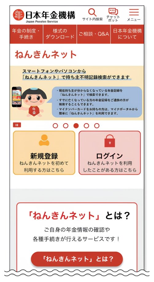 日本年金機構「ねんきんネット」の新規登録・ログイン画面の写真。